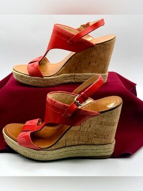 Coach Mendez Coral Orange Cork Wedge Espadrille Sandals Women 9B Shoes Heels